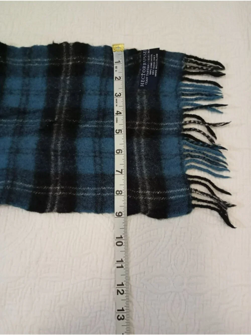 Hector Russell Clan Tartan Scarf 100% Lambswool Black & Blue Plaid  Fringe Ends